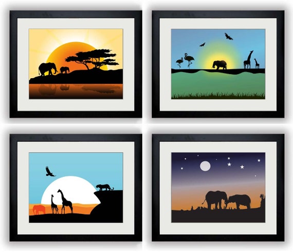 Africa Art Africa Print African Art Prints Elephant Giraffe Set of 4 Wall Decor Sunset Night Landscape Print Modern Minimalist