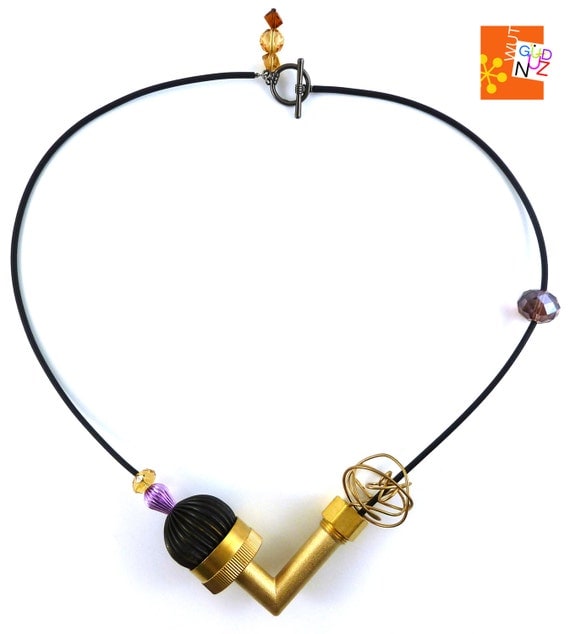 sculptural necklace, contemporary, eclectic, OOAK, mixed media, industrial chic, brass, wire, crystal, gold, purple