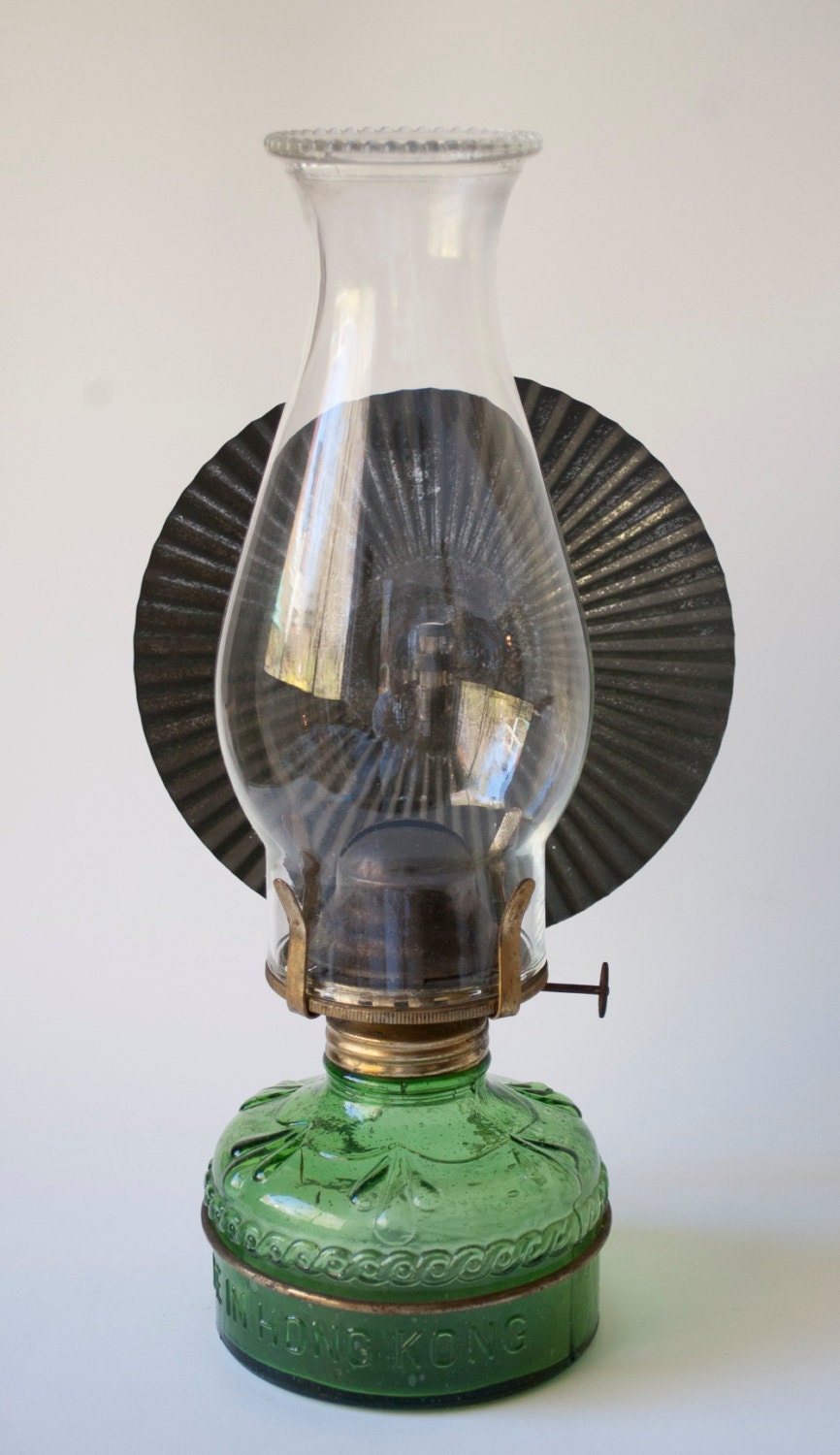 Vintage Kerosene Lamp Green Glass With Tin Reflector Made In 9934