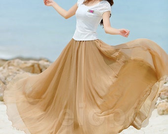 Coffee Long Chiffon skirt Maxi Skirt Ladies Silk Chiffon Dress Plus ...