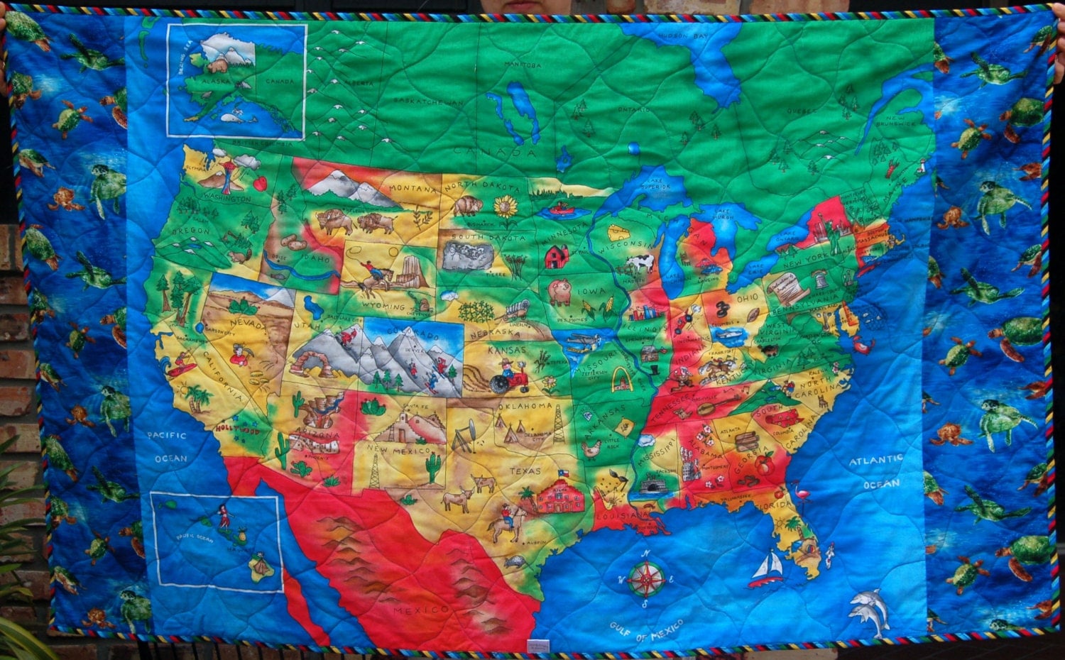Kids Quilt With US Map And World Map On Reverse