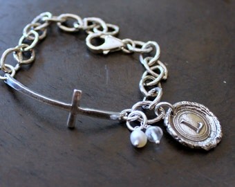 Sideways cross two Initials,Monogram with Bracelet,  charm Charms, Silver  Cross holes Cross Two