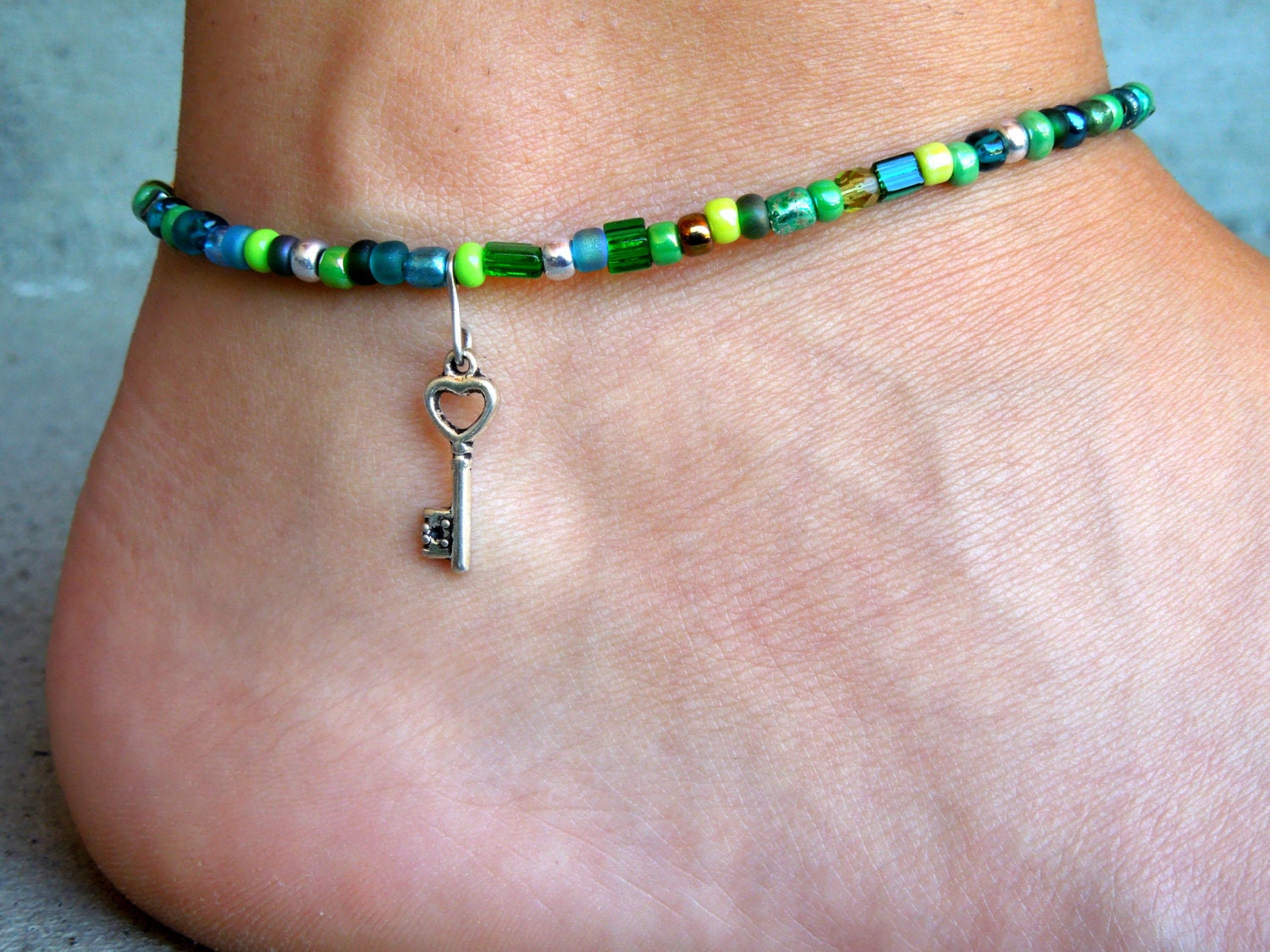 Mixed Greens Seed Bead Anklet Key Charm Beaded Ankle