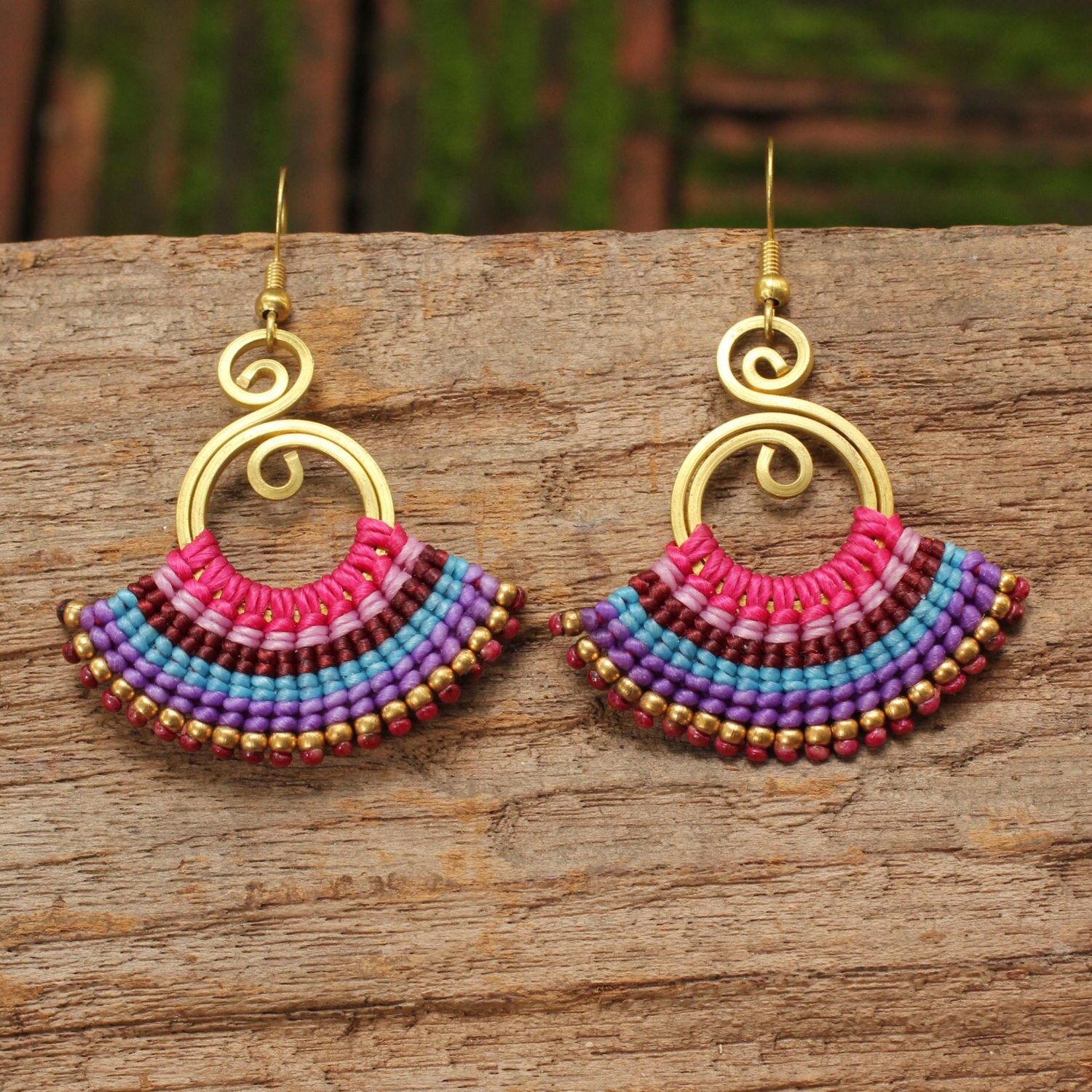 Woven cotton tribal earrings with brass texture