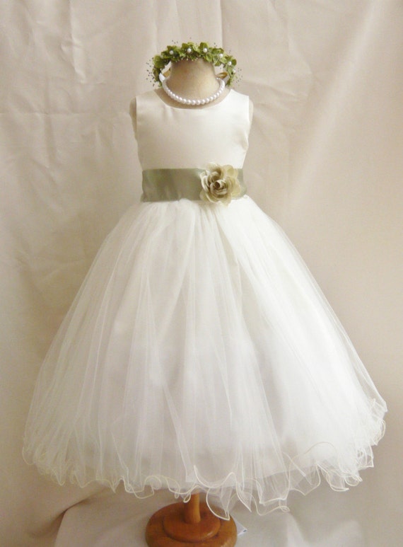  Flower  Girl Dresses  IVORY with Green  Sage  by NollaCollection