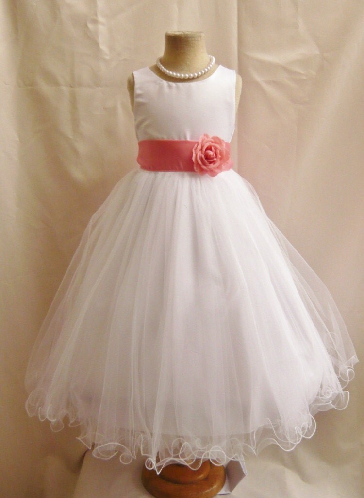 Flower Girl Dresses WHITE with Guava or Coral by NollaCollection