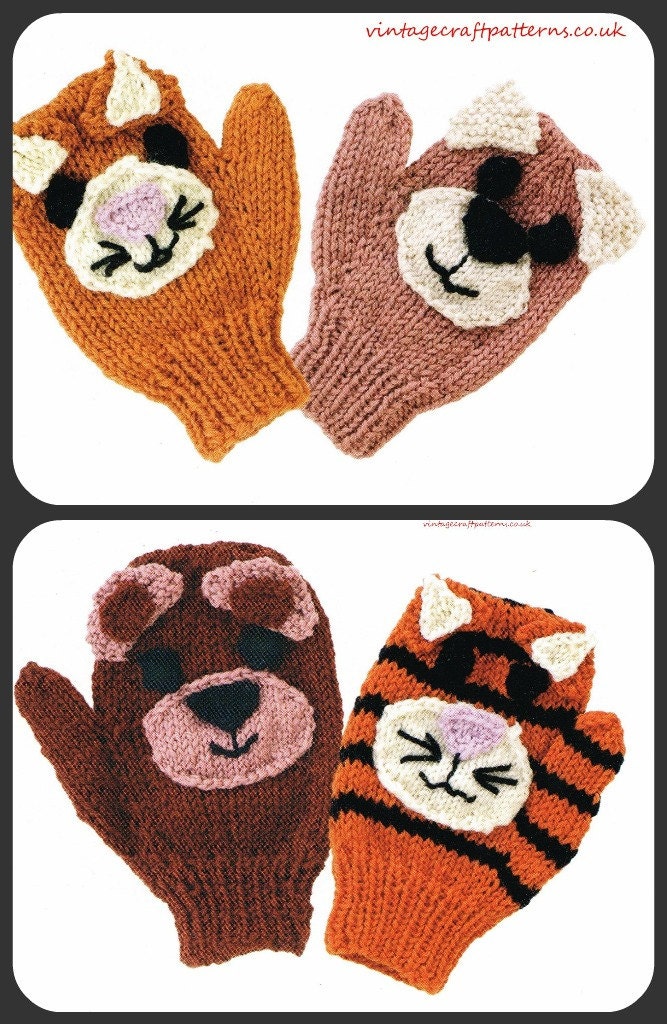 Animal Mittens baby gloves vintage knitting pattern by Ellisadine
