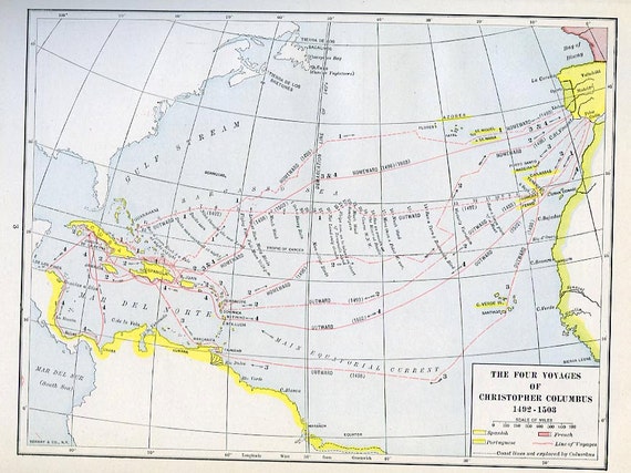 Print Map Four Voyages of Christopher Columbus 1492-1503