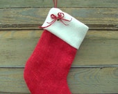 Red Burlap Christmas Stocking. Christmas stocking. Christmas decorations. Christmas ornament