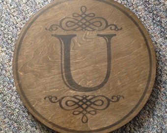 24" round wood lazy susan with monogram