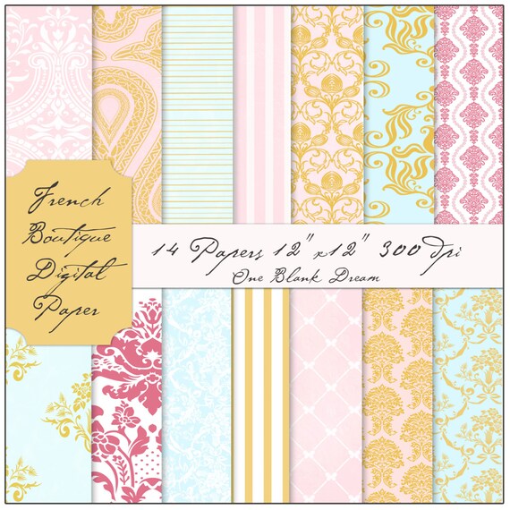 Instant Download French Boutique digital papers blue, flowers, pink and gold