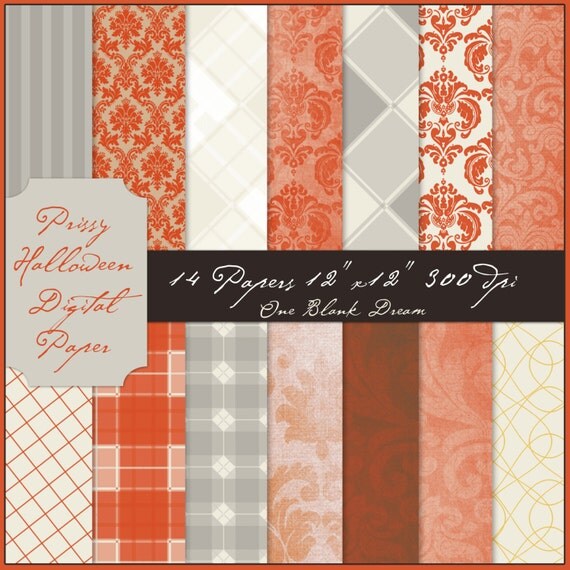 Instant Download Prissy Halloween digital papers brown, grey, orange, damask