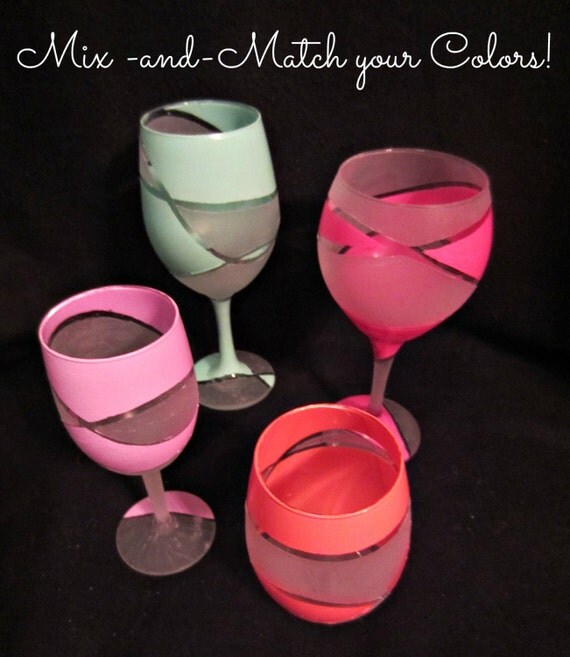 Custom Made Set of 4 Hand Painted Frost and Color Wine Glasses