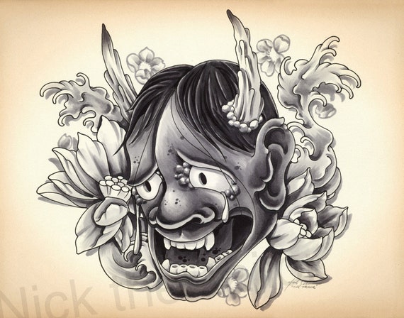 Items similar to Japanese Hannya Mask Tattoo Design Print ...