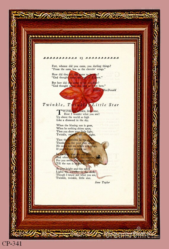 Book Page Art Field Mouse with Red Oak Leaf Poem by CocoPuffsArt