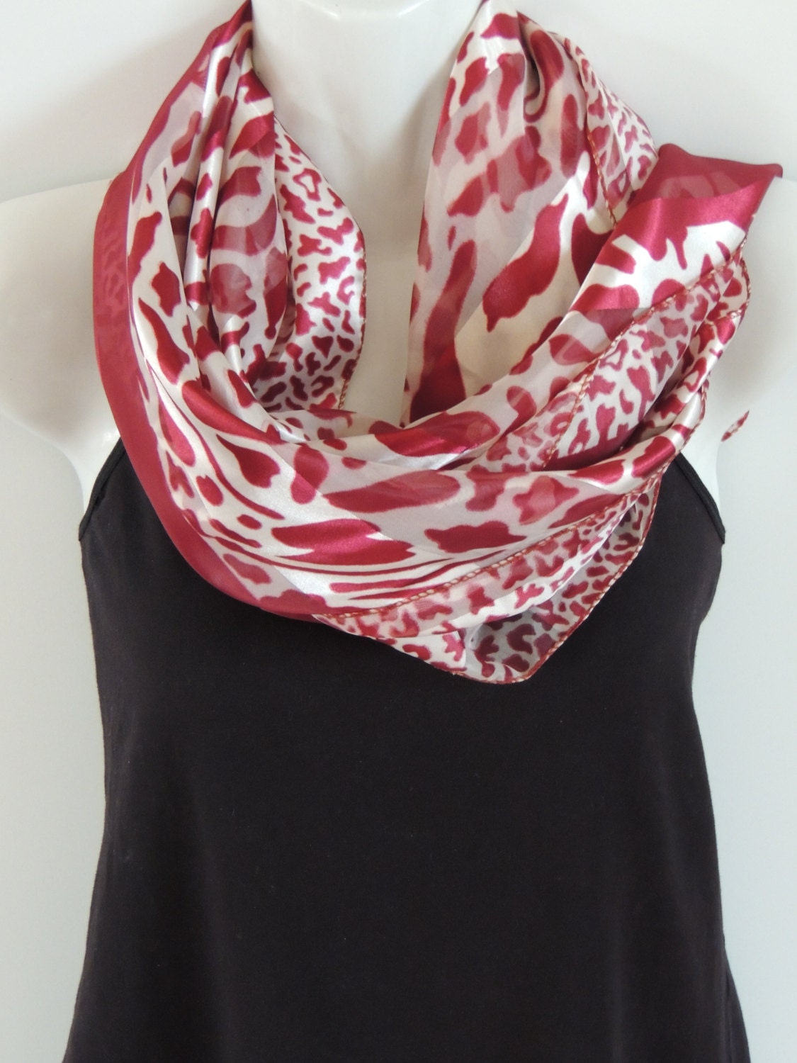 Red leopard print scarf. Square vintage scarf. Fabric scarf.