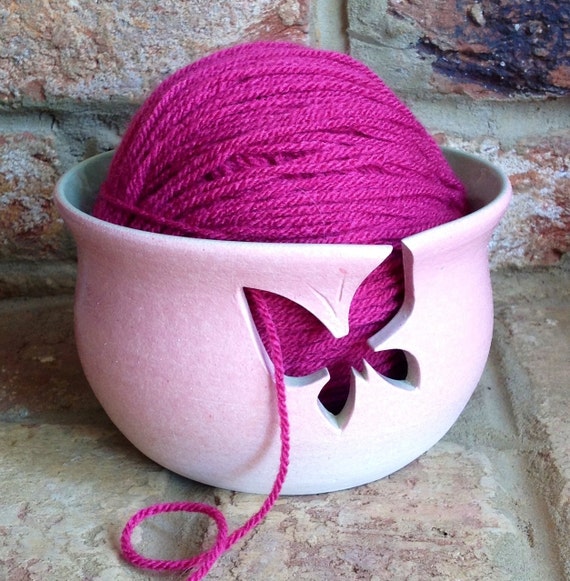 Items similar to Yarn Bowl in pink & green with Butterfly cut out