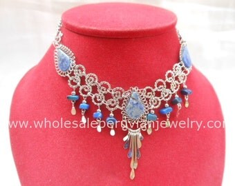 Blue Sodalite Teardrops Alpaca Silver Feathers Inca Necklace Peruvian Jewelry Art - Handmade in Peru