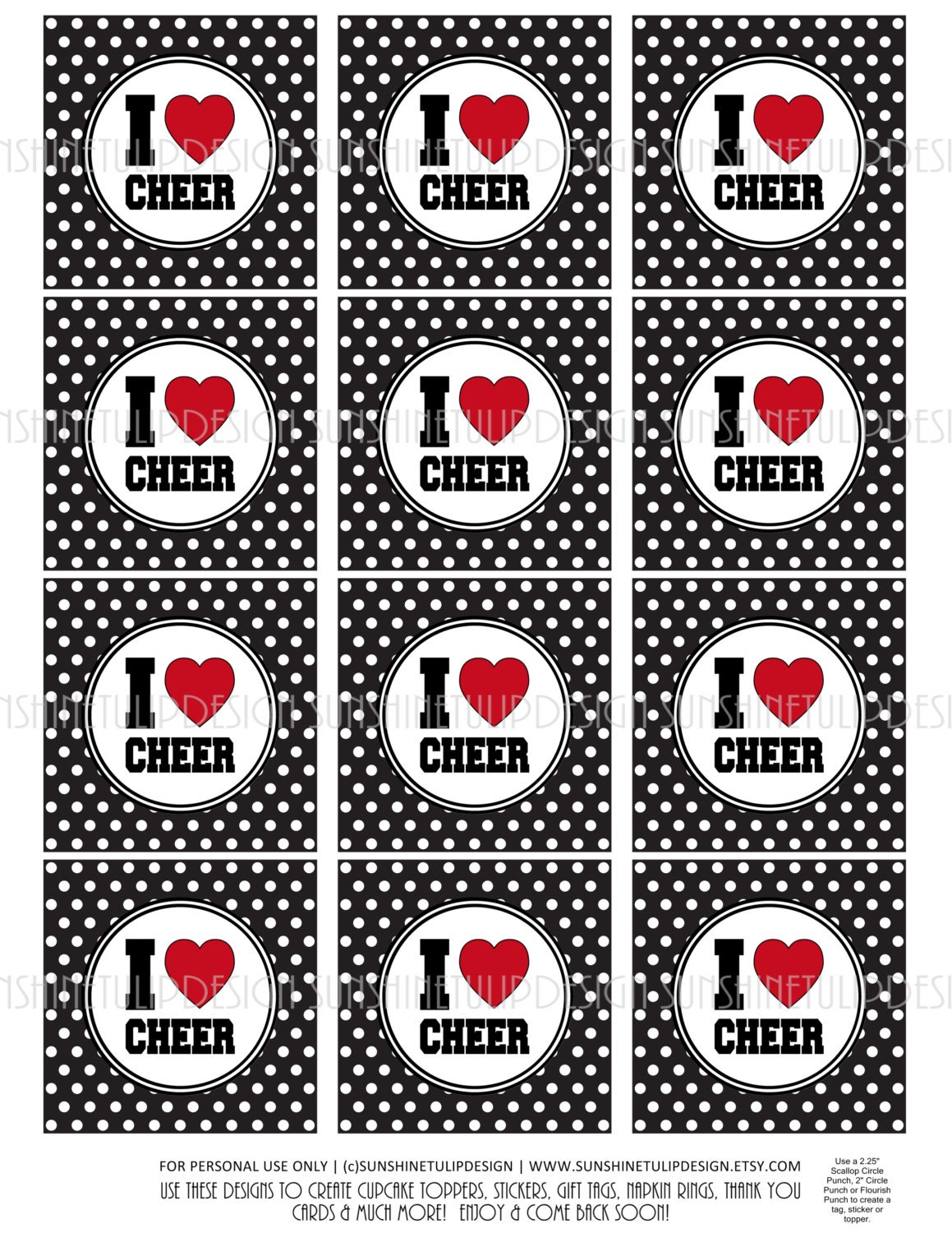 Printable CHEER Party Favor Gift Tags I LOVE Cheer Cupcake