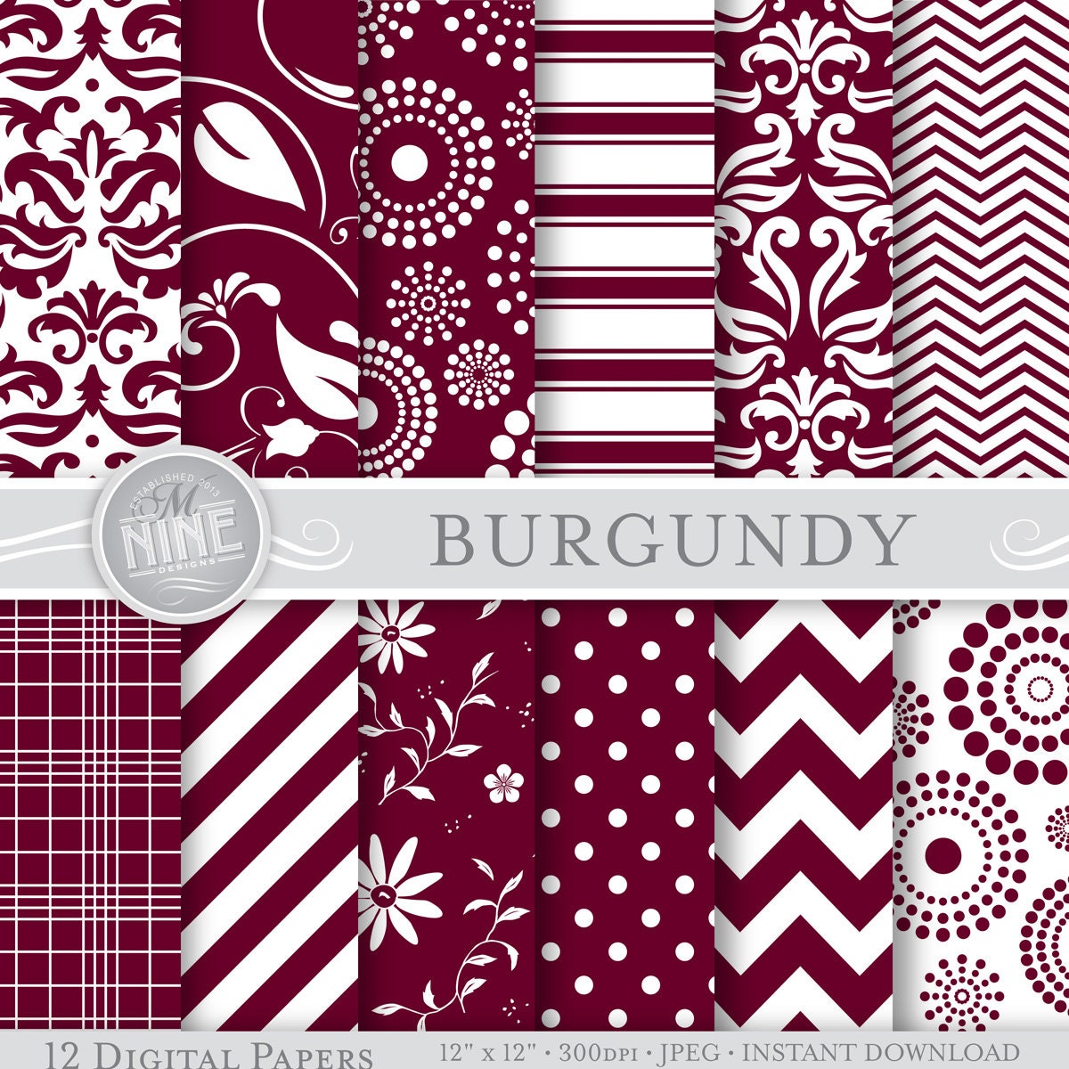 BURGUNDY Digital Paper 12 x 12 Seamless Patterns by MNINEDESIGNS