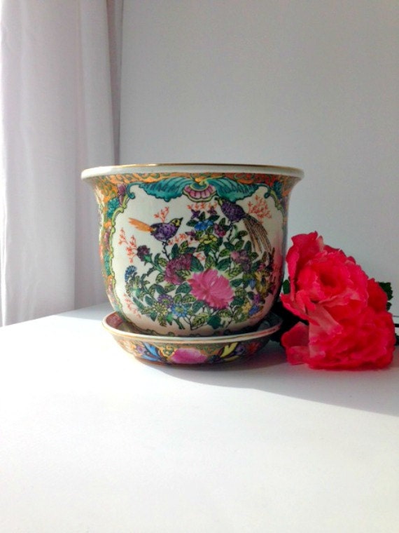 Asian Planter / Pot with Bird and Flower by EncoreVintageDecor