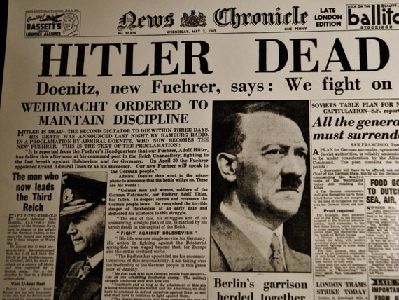 Items similar to May 2, 1945 Hitler Dead News Chronicle headline poster ...