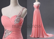 Custom Pink Beaded One Shoulder Long Prom Dresess Bridesmaid Dresses ...