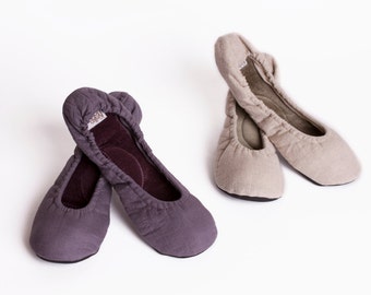 Linen travel slippers, Linen and Velvet ballet slippers, Light weight travel slippers, Elegant house slippers