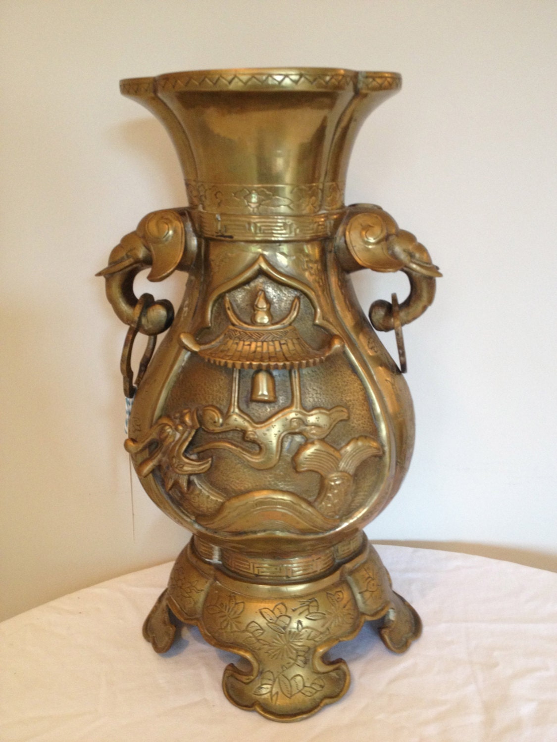 Vintage Asian Brass Vase with Elephant Handles