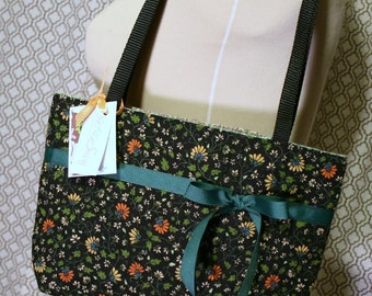 SALE Black Quilted Floral Fabric Shoulder Bag, Handmade Handbag, Black ...
