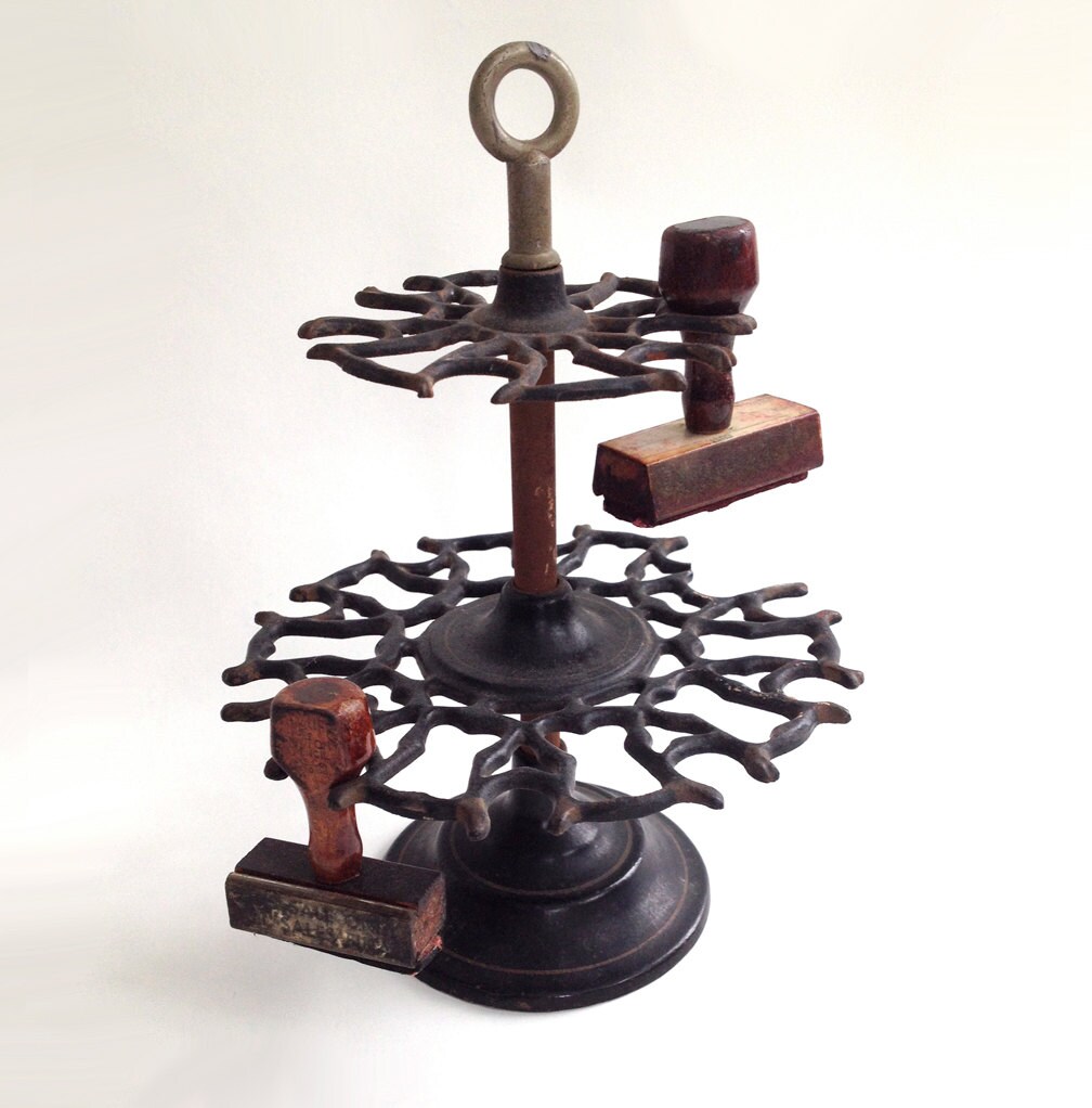 Antique 2 Tier Cast Iron Rubber Stamp Rack Holder Desk Top
