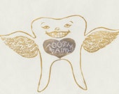 Tooth Fairy linocut - Lino Block Print of a Winged Tooth Fairy, Children's Art, Fairytale, Teeth