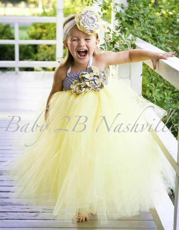 Wedding Flower Girl Dress, Yellow Flower Girl,  Tutu Dress ,  Flower Girl Dress in Yellow and Grey With Handmade Cabbage Roses 2-4T