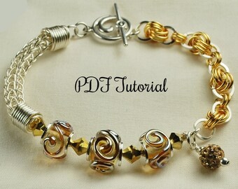 Golden Silver Scrolling Aurae Bracelet Tutorial, Lampwork Bracelet Tutorial, Viking Knit Tutorial, Chainmaille SRA 498 CC Design