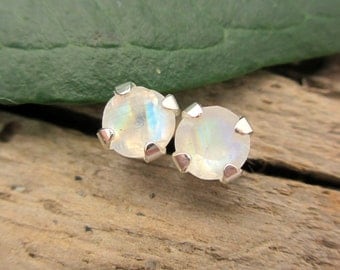 Rainbow Moonstone Stud Earrings in Gold, Silver, Platinum with Genuine Gems, 4mm - Free Gift Wrapping