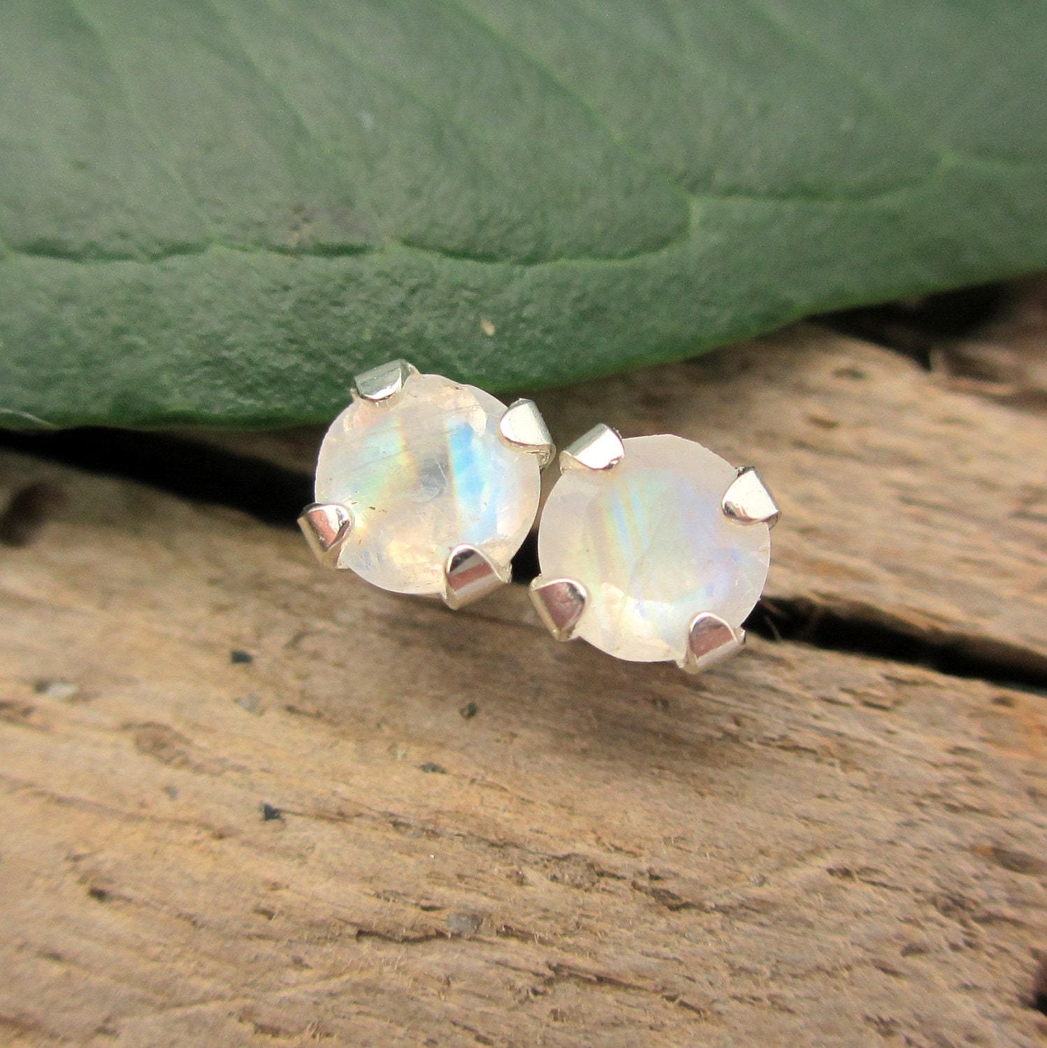 Rainbow Moonstone Stud Earrings in Gold Silver Platinum with