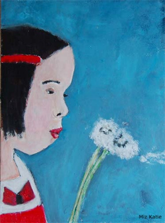 Original Acrylic Portrait Painting, Make A Wish, Girl Blowing On Dandelions, Watercolor Paper