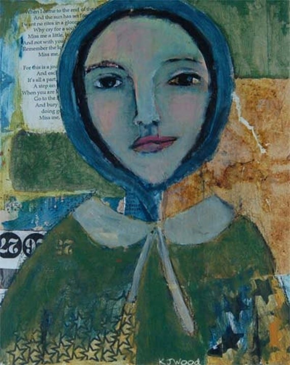 Acrylic Portrait Painting, Original, Woman, Blue Bonnet, Green Shawl, 8x10 Mixed Media, Canvas Panel