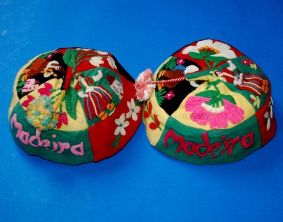 2 Vintage Madeira Embroidered Hats Caps Folk Ethnic Portugal