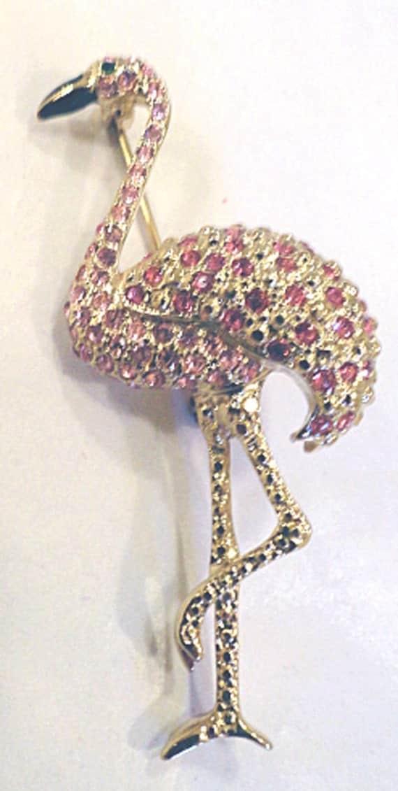 Vintage Rhinestone Pink Flamingo Pin Brooch by gladsbag on Etsy