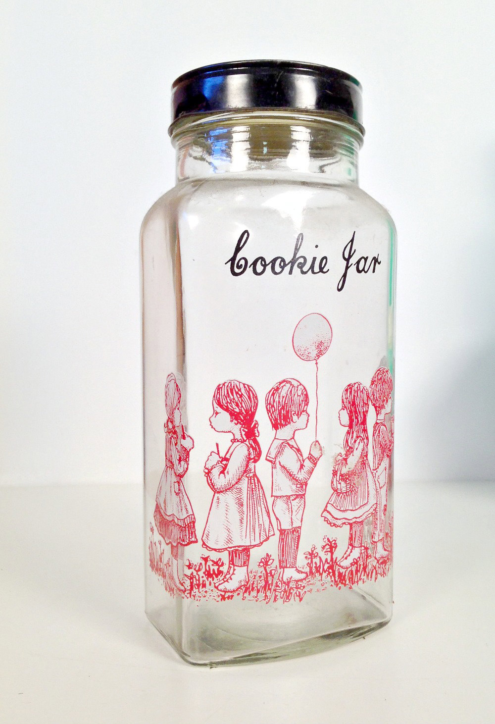 vintage glass cookie jar metal lid red retro children