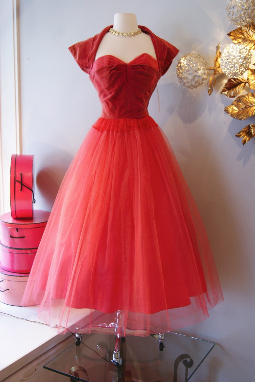 Vintage 1950s Dress // 50's Deep Pink Velvet and Tulle