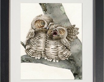 Good Night Owls - archival watercolor print by Tracy Lizotte