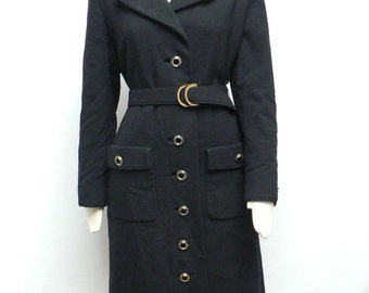 1970s black Trenchcoat/ Belted Trench/ 70s black Wool coat