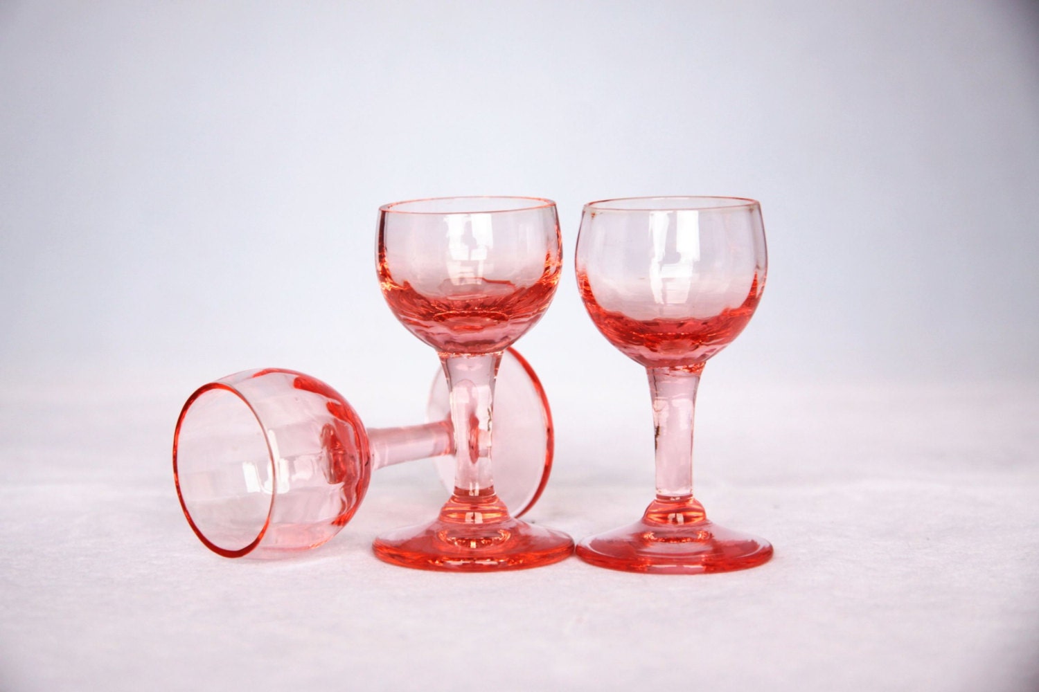 Miniature pink liquor glasses antique Belgian glasses mid