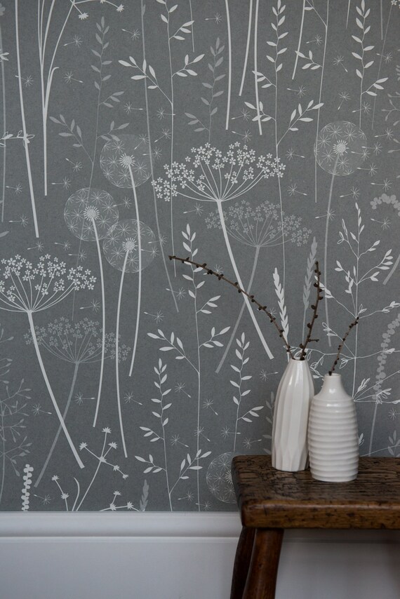 Dark Grey Floral Botanical Wallpaper / Paper Meadow / Charcoal