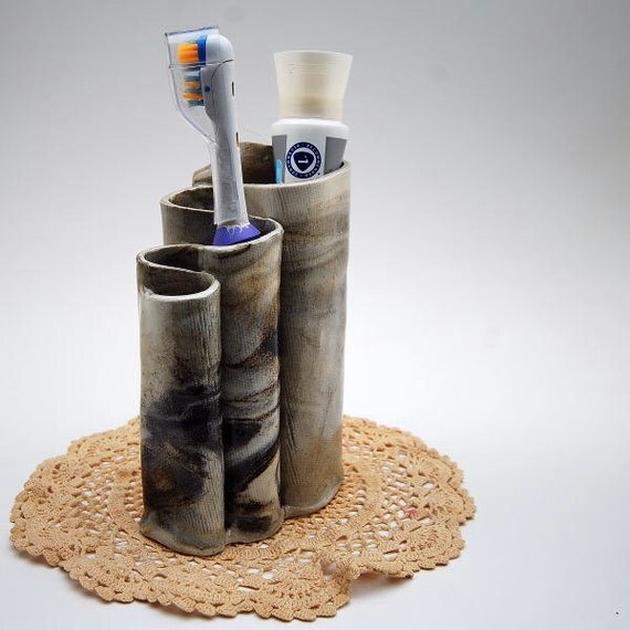 Pottery Toothbrush and Toothpaste Holder Brown and Black