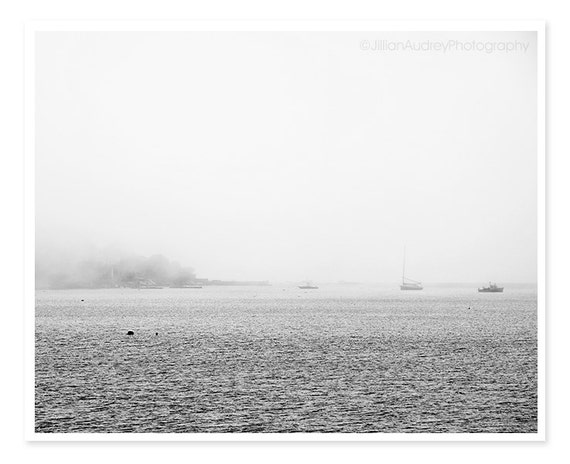 Beach Photography, Gray Minimal Modern Decor, Landscape Photograph, Black and White Art, Minimalist, Ocean Sea Nautical Boats Photo