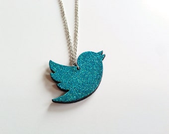 Teal glitter Twitter bird necklace