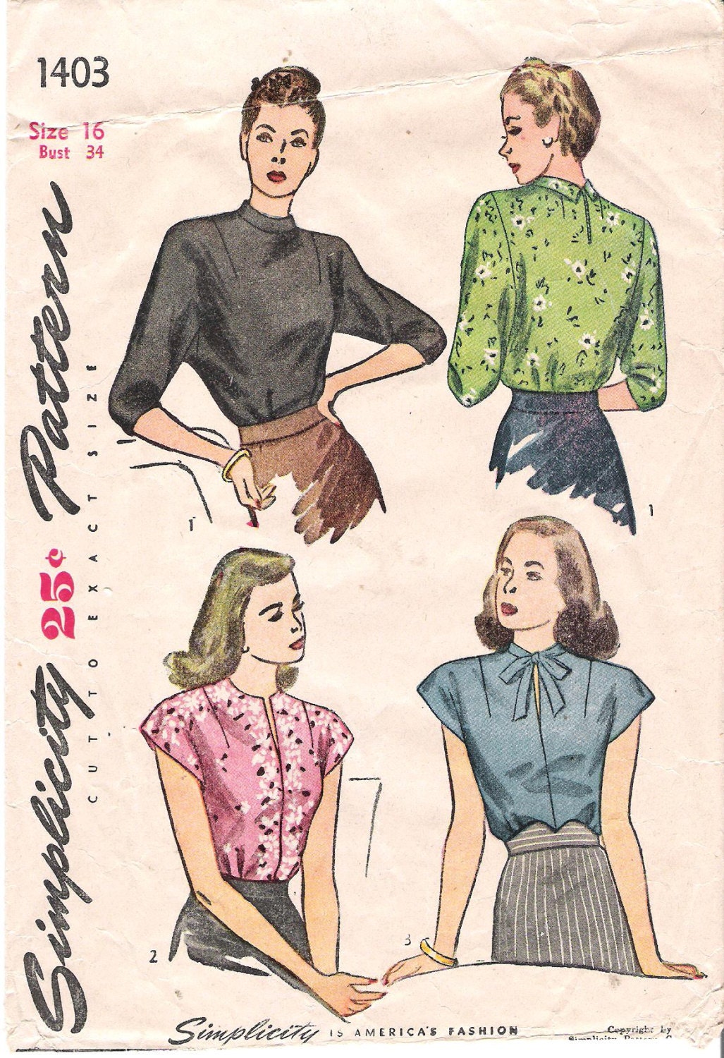 Vintage 1940's Blouse Sewing Pattern Simplicity 1403